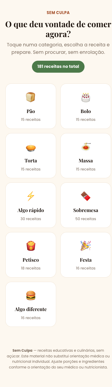 Tela do GLICO: menu com categorias bateu vontade